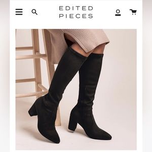 knee-high black suede heeled boots